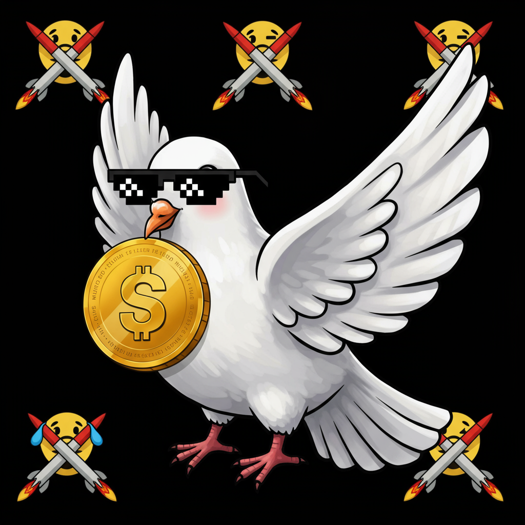 TRUCE dove with pixel sunglasses holding golden coin, surrounded by crossed-out missiles